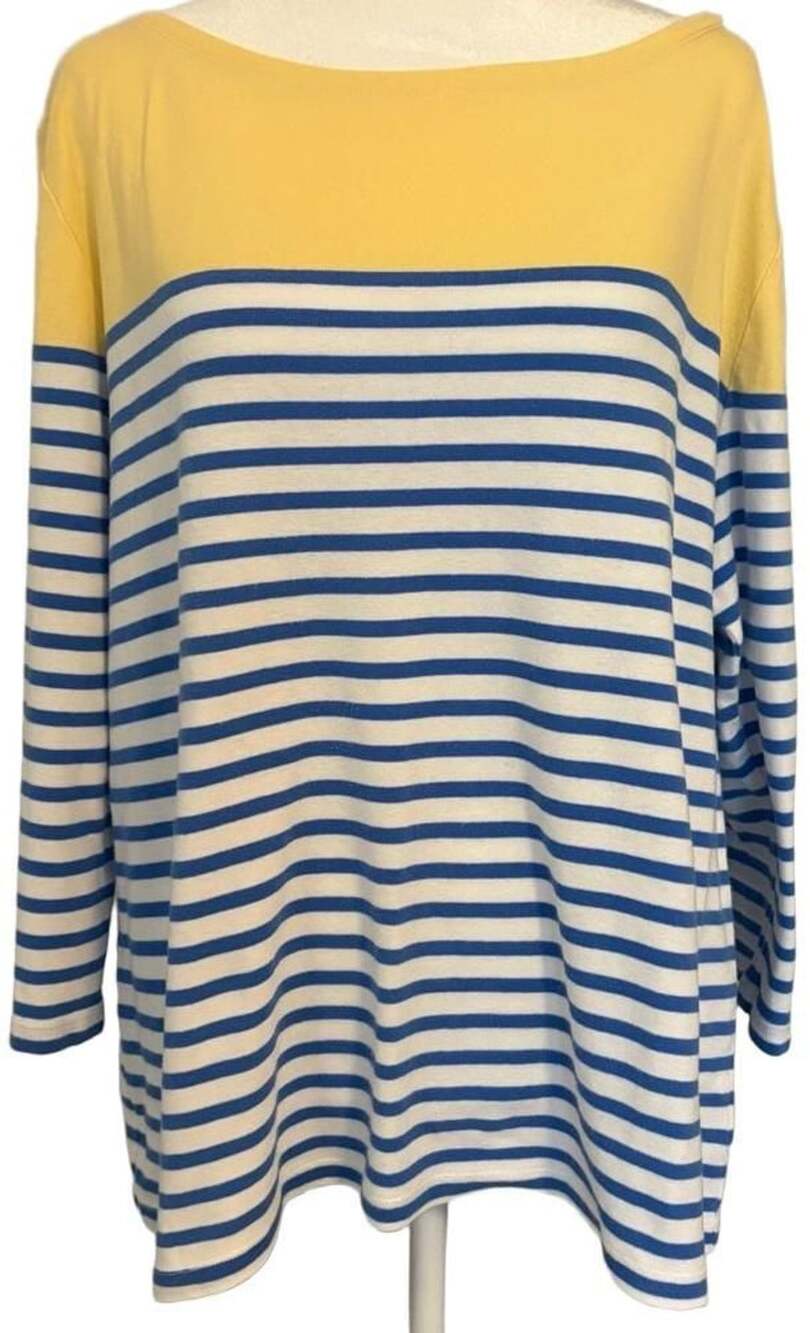 Talbots XL Yellow Blue Stripe Bateau Neck 3/4 Sleeve Tunic Top 100% Cotton Soft